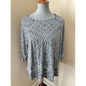 Lucky Brand Womens Size 1X Navy White Floral Print 3/4 Sleeve Top